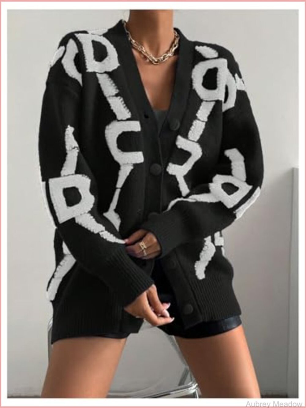 Button Up V Neck Lantern Sleeve Graphic Cardigan Loose Outerwear - Picture 2 of 5